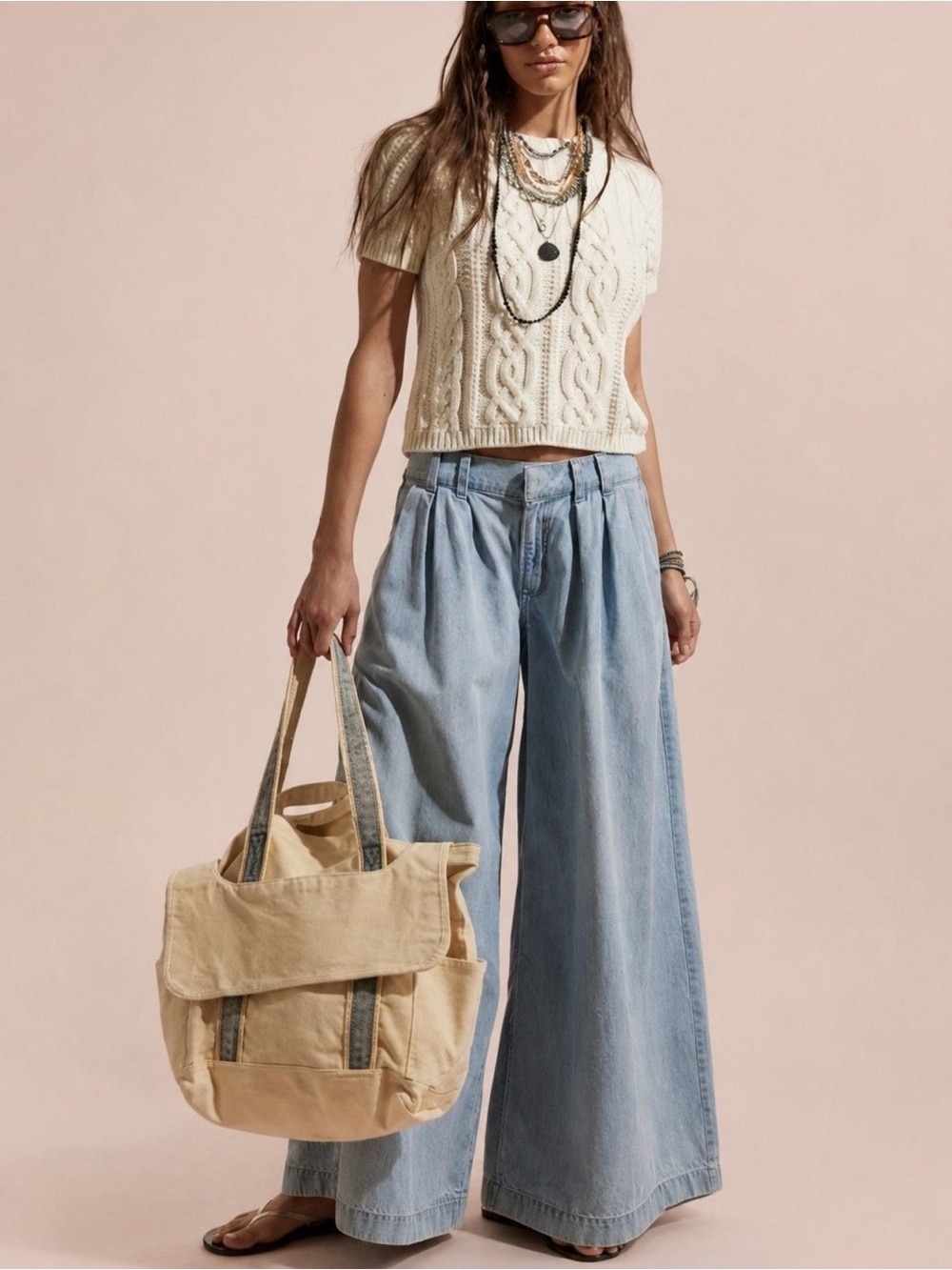 Free People NWT Natural Canvas Utility Tote Bag Denim Strap Detail MSRP $88